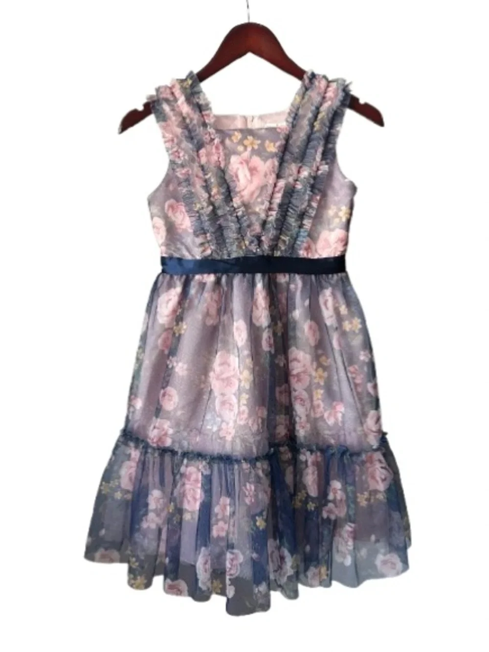 Kensie Girl Size 12 Pink Floral on Navy Tiered Ruffle Formal Dress Fully Lined